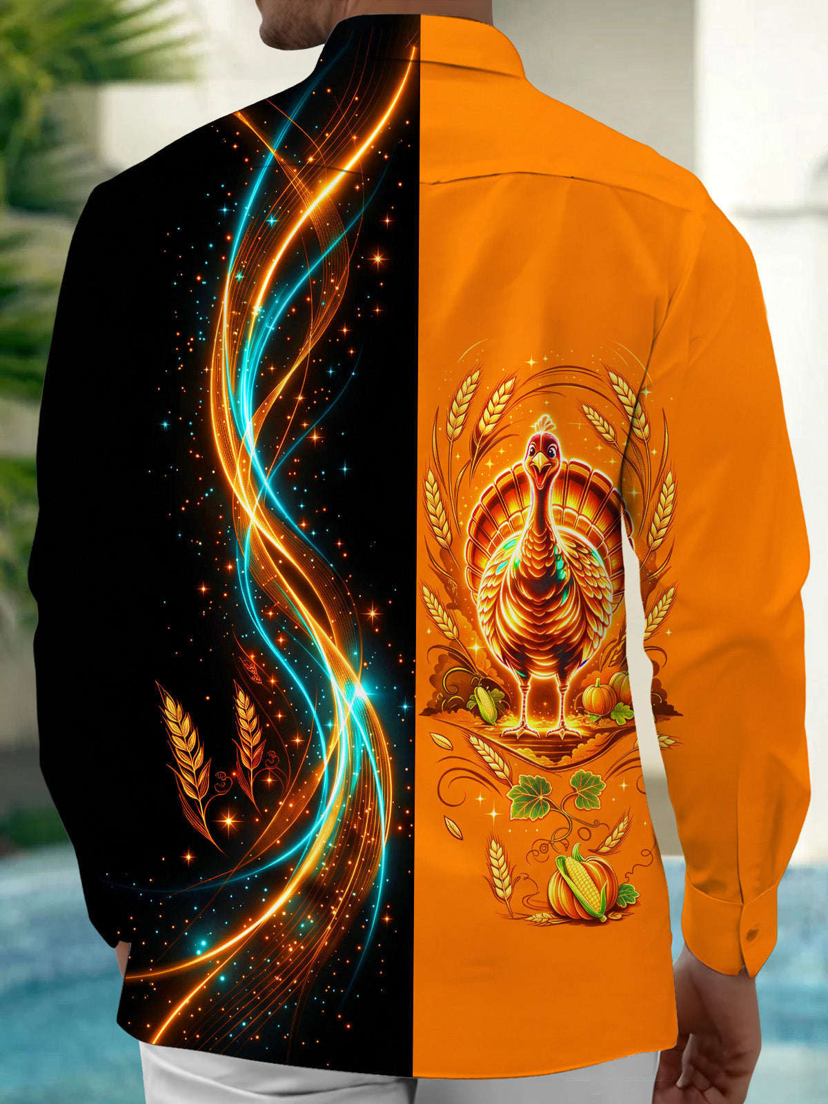 Oceanlyte Men's Long Sleeve Shirt - Thanksgiving Neon Turkey With Wheat And Pumpkins Print with Chest Pocket