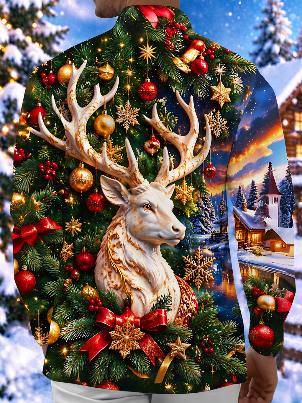 Oceanlyte Men's Long Sleeve Shirt - Golden White Deer And Christmas Ornaments Print with Chest Pocket
