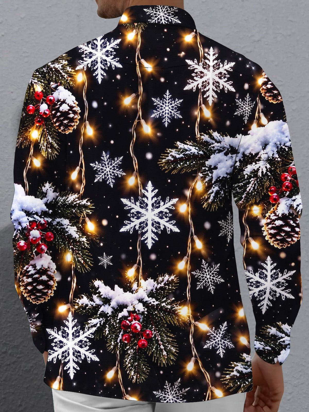 Oceanlyte Men's Long Sleeve Shirt - Christmas Snowflakes Pine Cones And Fairy Lights Print with Chest Pocket