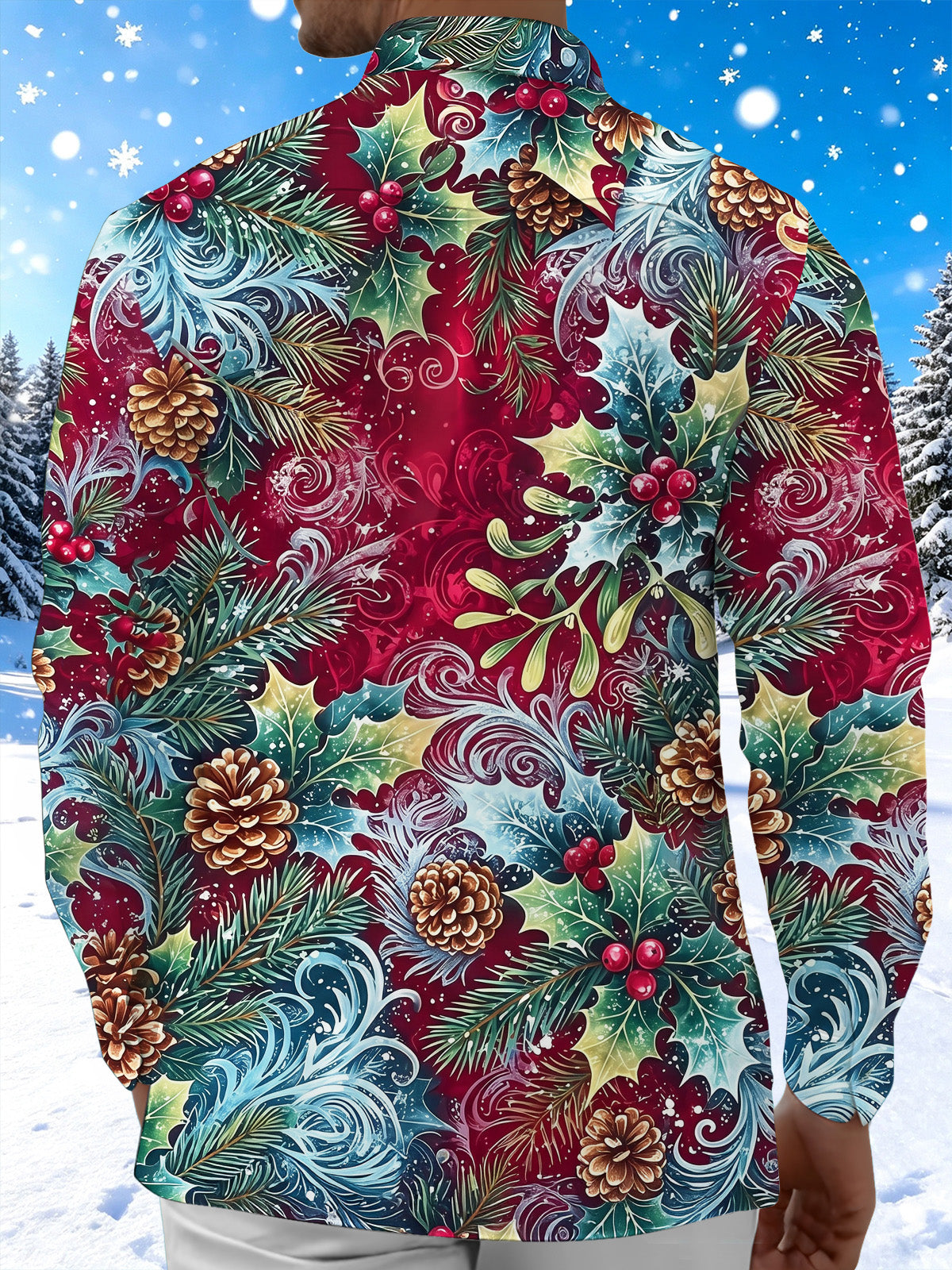 Oceanlyte Men's Christmas Holly Berries And Mistletoe Print Long Sleeve Shirt with Chest Pocket