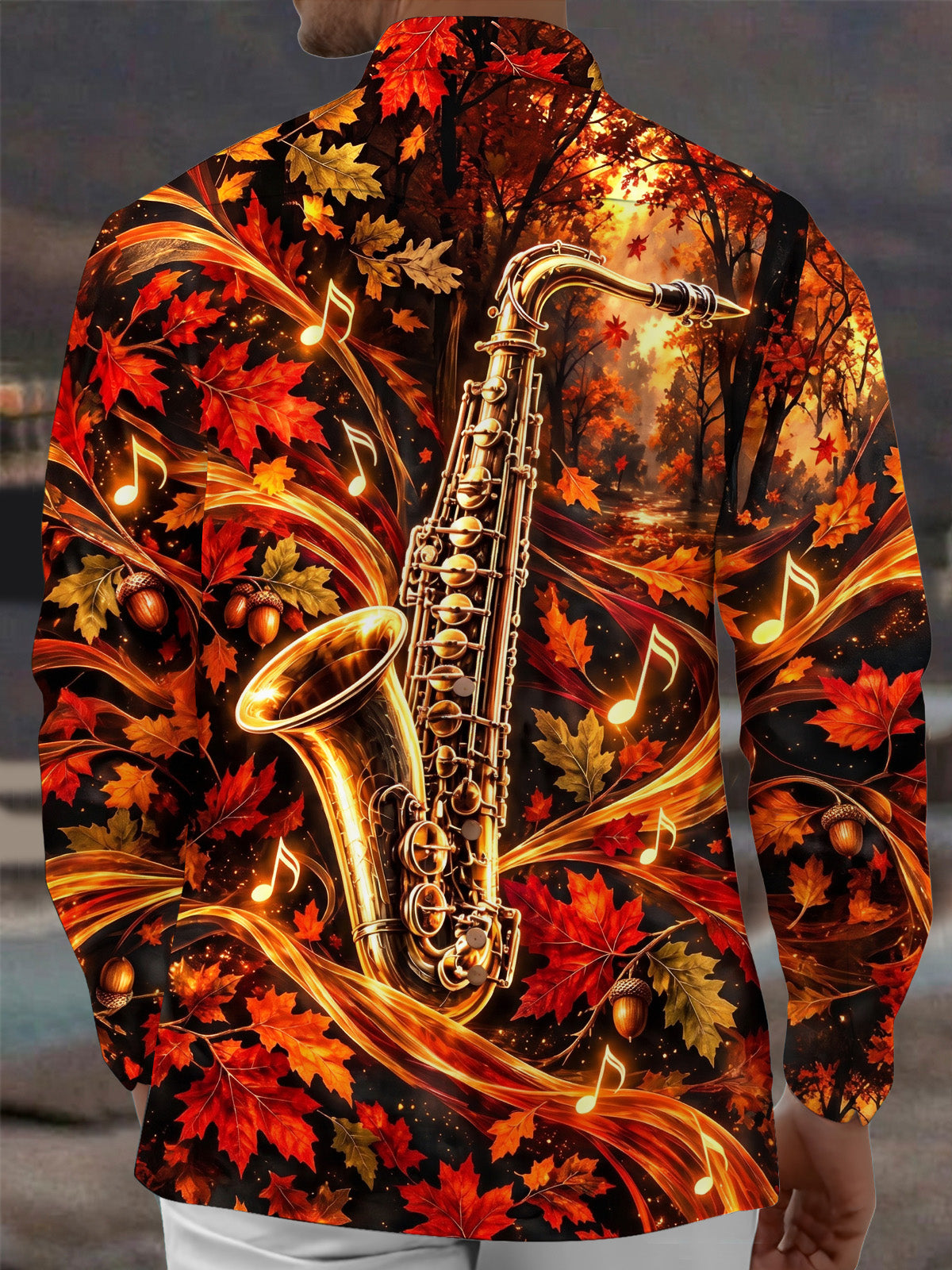 Oceanlyte Men's Saxophone And Autumn Leaves Print Long Sleeve Shirt with Chest Pocket