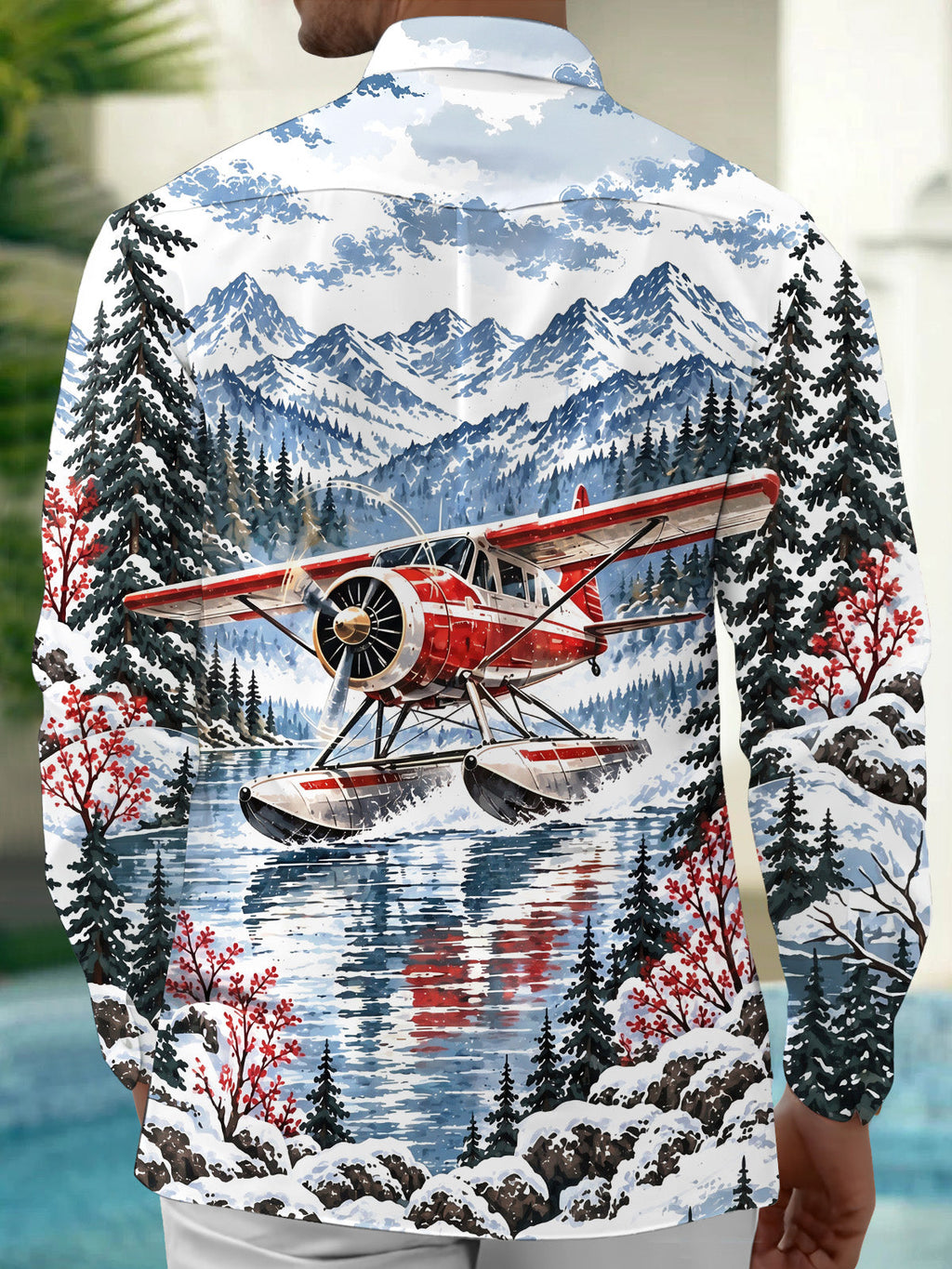 Oceanlyte Men's Graphic Vintage Snow Seaplane Print Long Sleeve Shirt with Chest Pocket