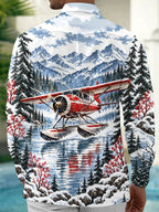 Oceanlyte Men's Graphic Vintage Snow Seaplane Print Long Sleeve Shirt with Chest Pocket