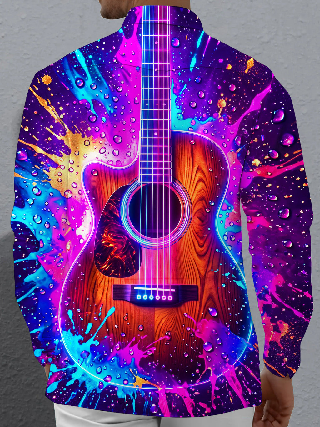 Oceanlyte Men's Long Sleeve Shirt - Acoustic Guitar With Neon Splash And Water Droplets Print with Chest Pocket