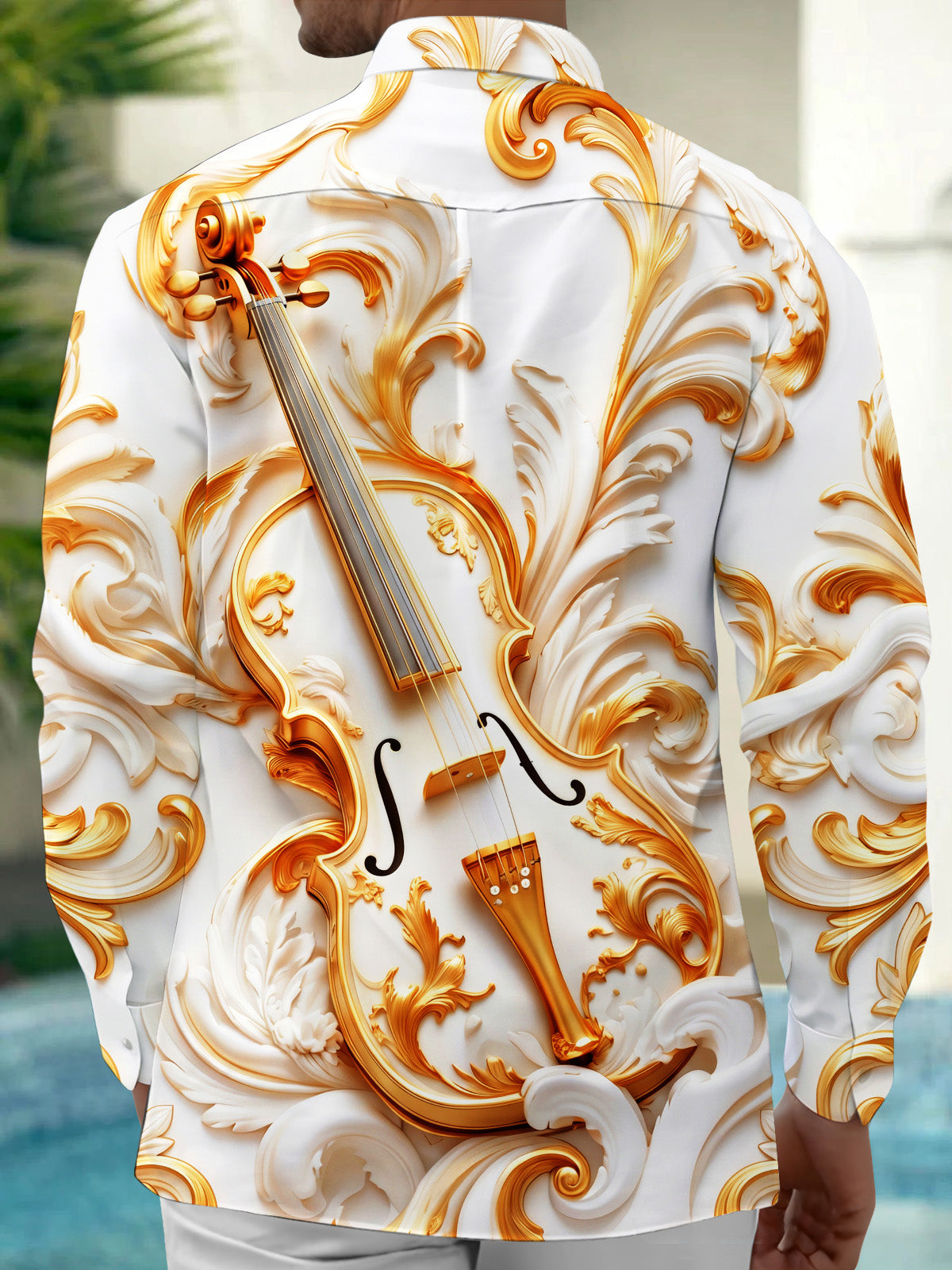 Oceanlyte Men's Gilded Carved Violin With Baroque Relief Print Long Sleeve Shirt with Chest Pocket