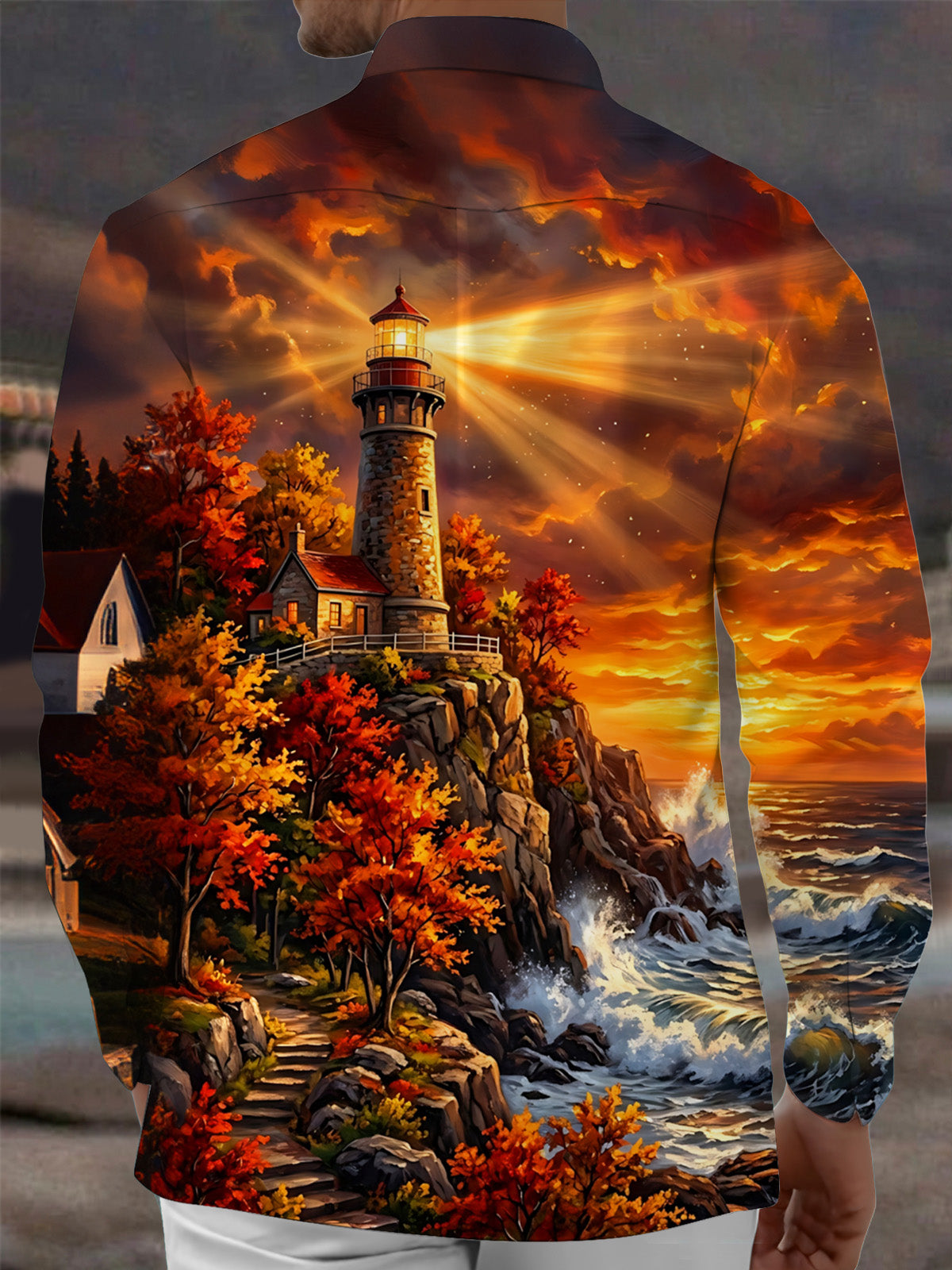 Oceanlyte Men's Autumn Lighthouse Cliff Landscape Print Long Sleeve Shirt with Chest Pocket