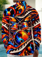 Oceanlyte Men's Drum Set Piano Keys And Vinyl Records Print Long Sleeve Shirt with Chest Pocket