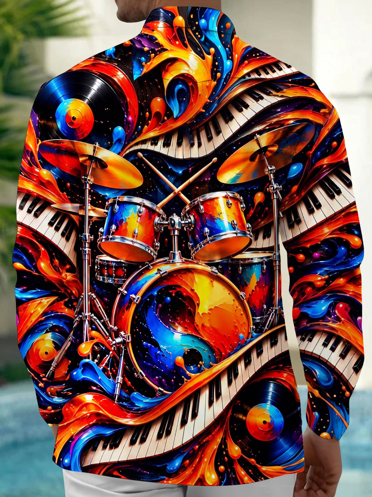 Oceanlyte Men's Drum Set Piano Keys And Vinyl Records Print Long Sleeve Shirt with Chest Pocket