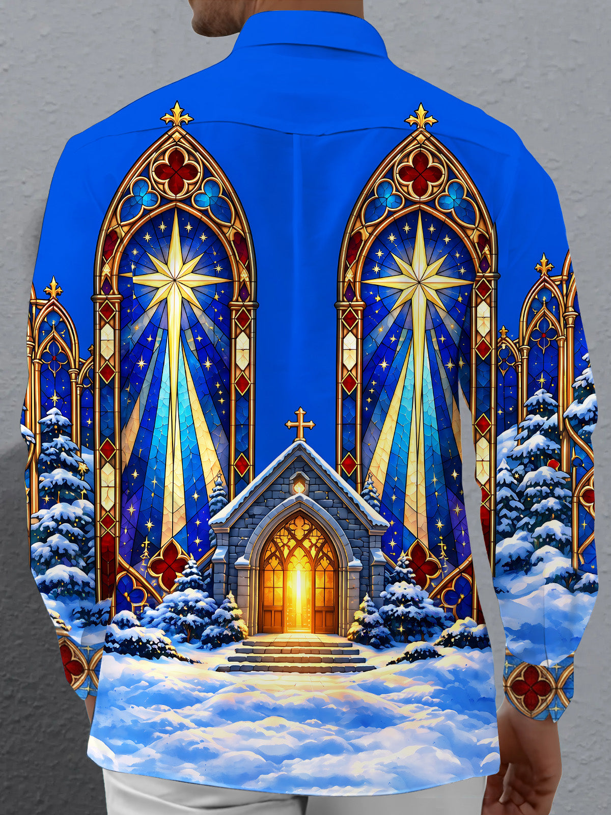 Oceanlyte Men's Long Sleeve Shirt - Christmas Gothic Church Stained Glass Windows And Snowy Landscape Print with Chest Pocket