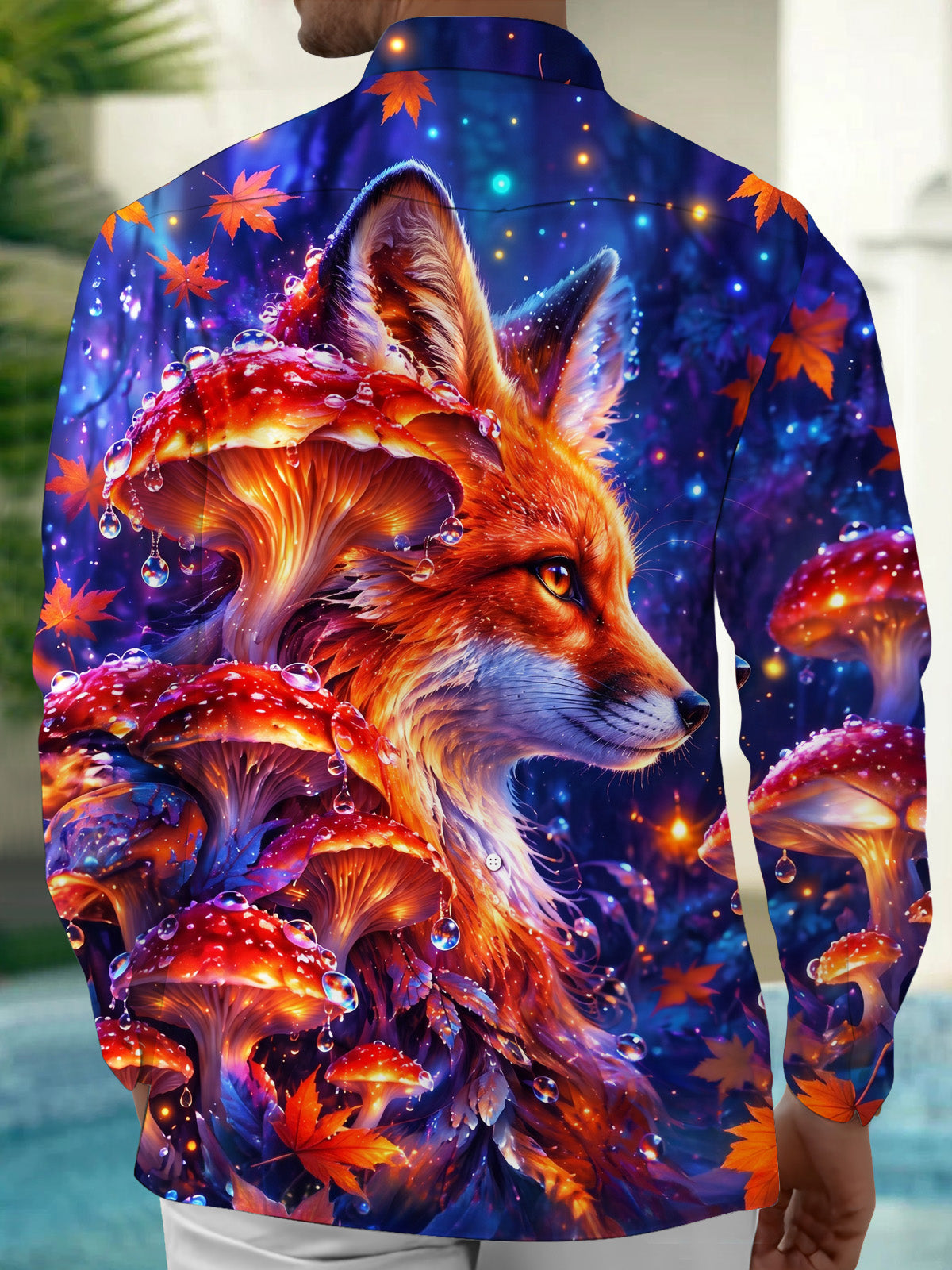 Oceanlyte Men's Fox And Mushrooms With Maple Leaves Print Long Sleeve Shirt with Chest Pocket