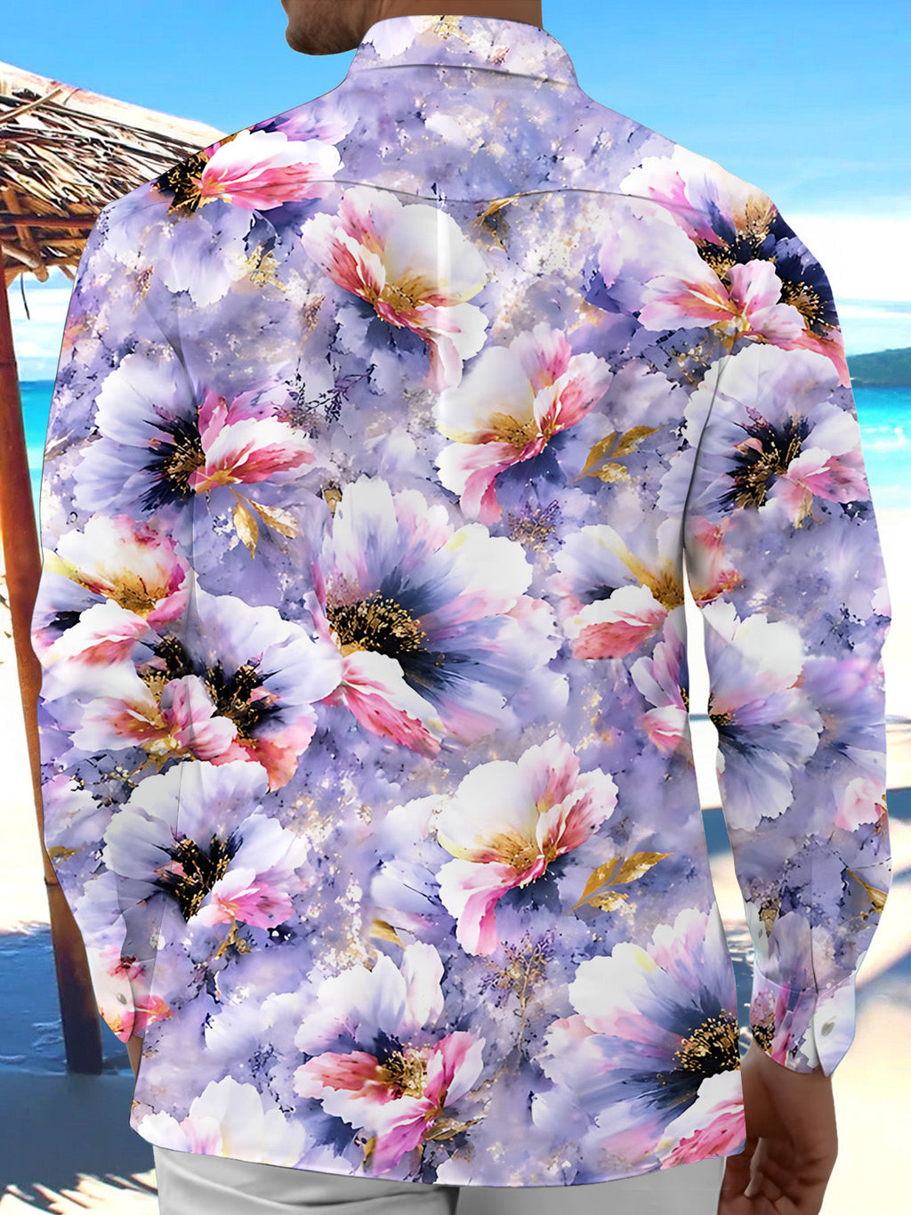 Oceanlyte Men's Hawaiian Purple Floral Print Long Sleeve Shirt with Chest Pocket