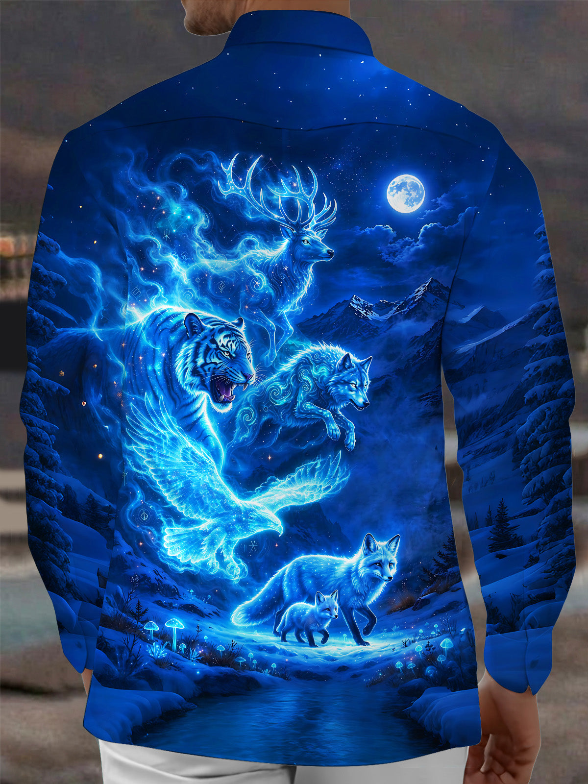 Oceanlyte Men's Fantasy Blue Beasts And Snow Mountain Print Long Sleeve Shirt with Chest Pocket
