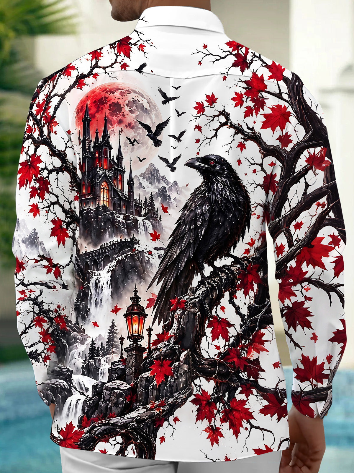 Oceanlyte Men's Graphic Halloween Crow Print Long Sleeve Shirt with Chest Pocket