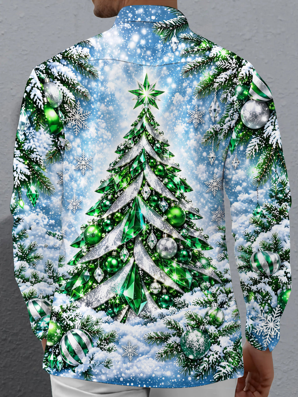 Oceanlyte Men's Long Sleeve Shirt - Christmas Tree With Ornaments And Snowflakes Print with Chest Pocket