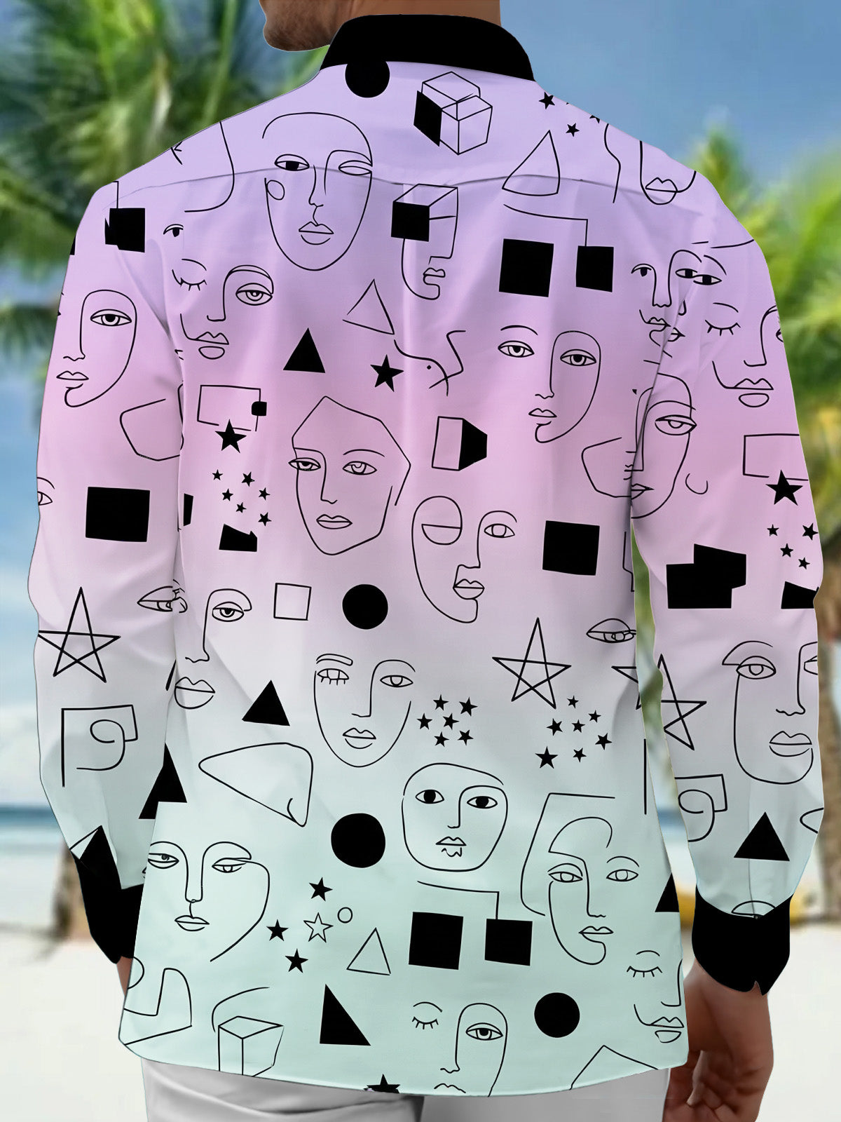 Oceanlyte Men's Long Sleeve Shirt - Abstract Line Art Faces And Geometric Shapes Print with Chest Pocket