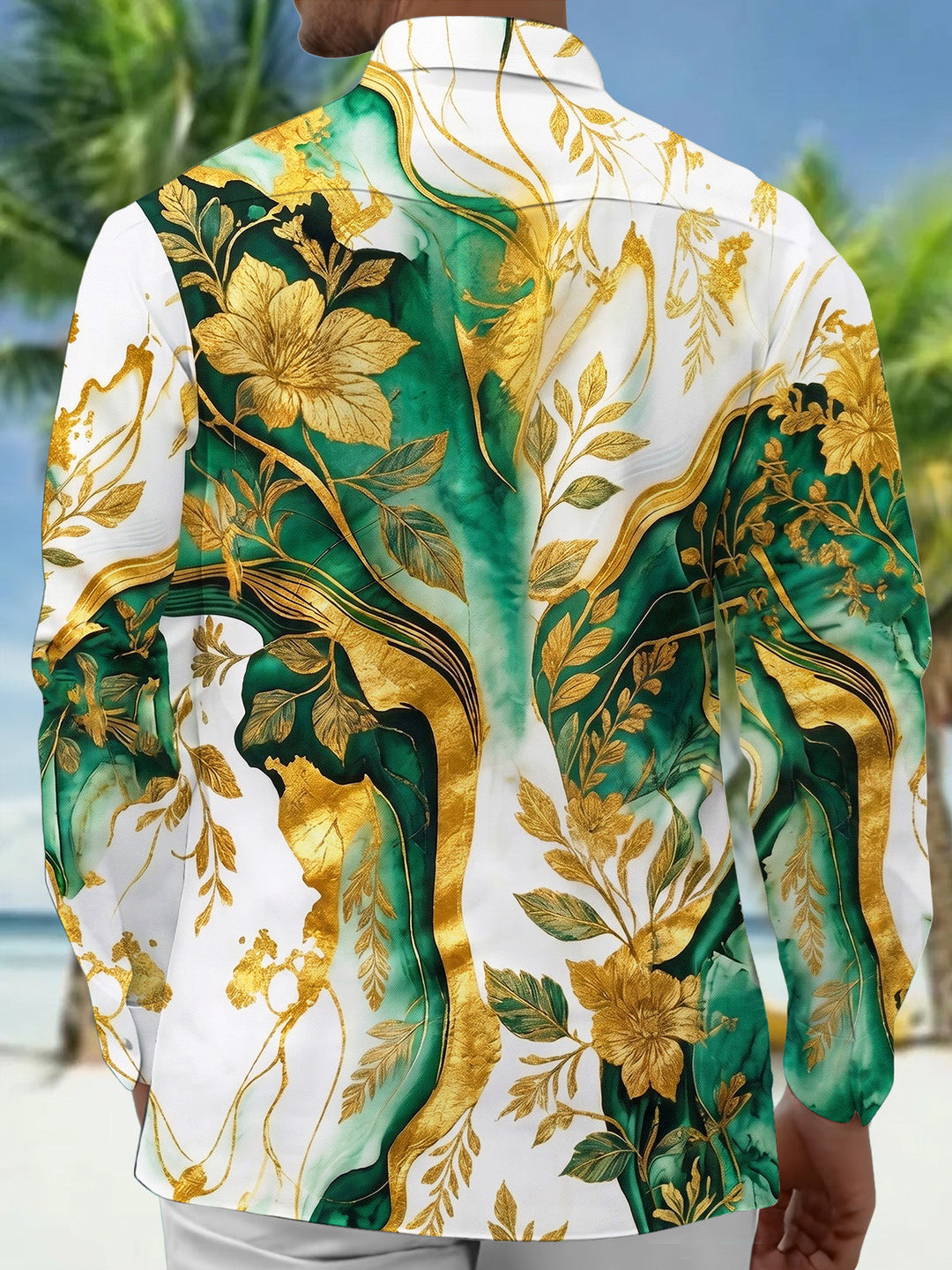Oceanlyte Men's Tropical Green Floral Leaf Print Long Sleeve Button Down Shirt with Chest Pocket