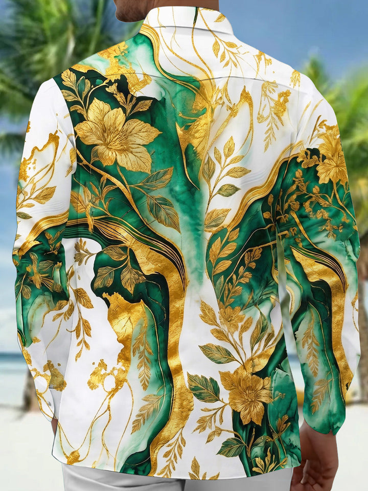 Oceanlyte Men's Tropical Green Floral Leaf Print Long Sleeve Button Down Shirt with Chest Pocket