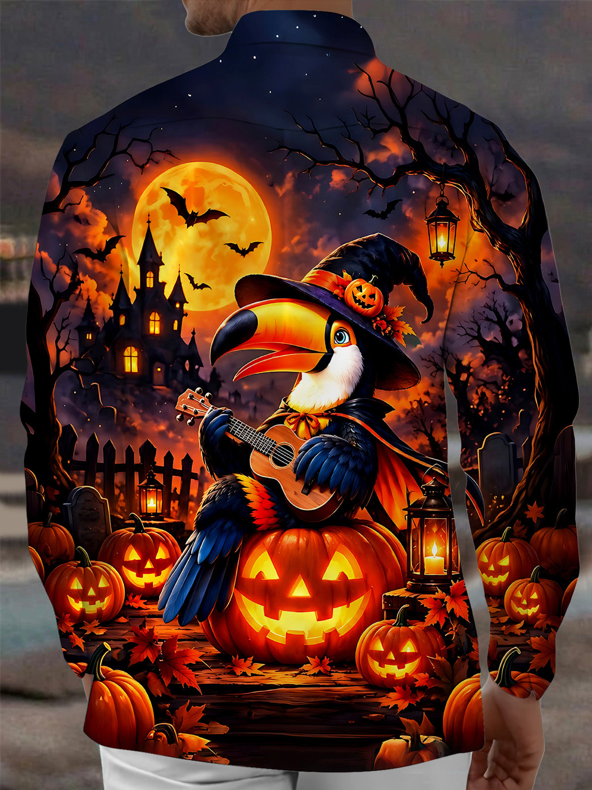 Oceanlyte Men's Graphic Halloween Toucan Print Long Sleeve Shirt with Chest Pocket
