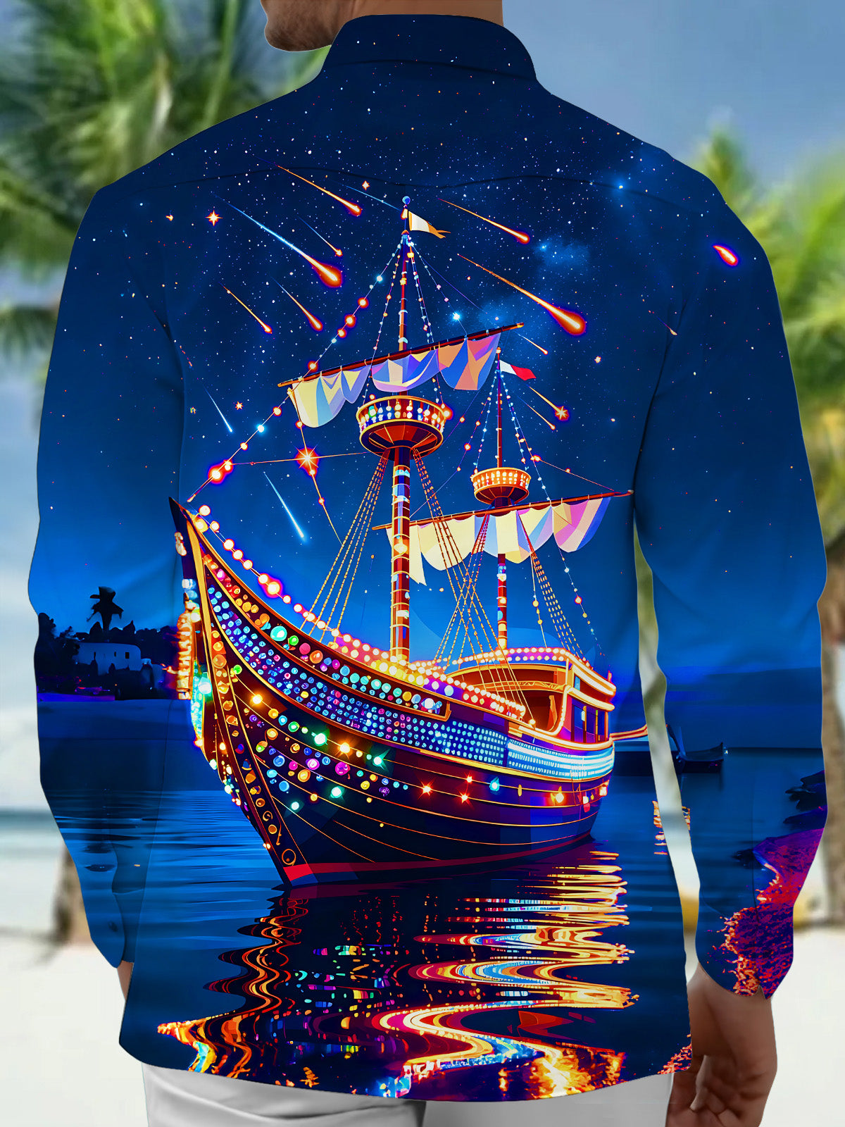 Oceanlyte Men's Graphic Glowing Ship Print Long Sleeve Shirt with Chest Pocket