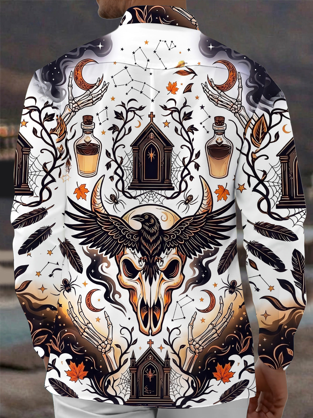 Oceanlyte Men's Graphic Halloween Skull And Raven Print Long Sleeve Shirt with Chest Pocket