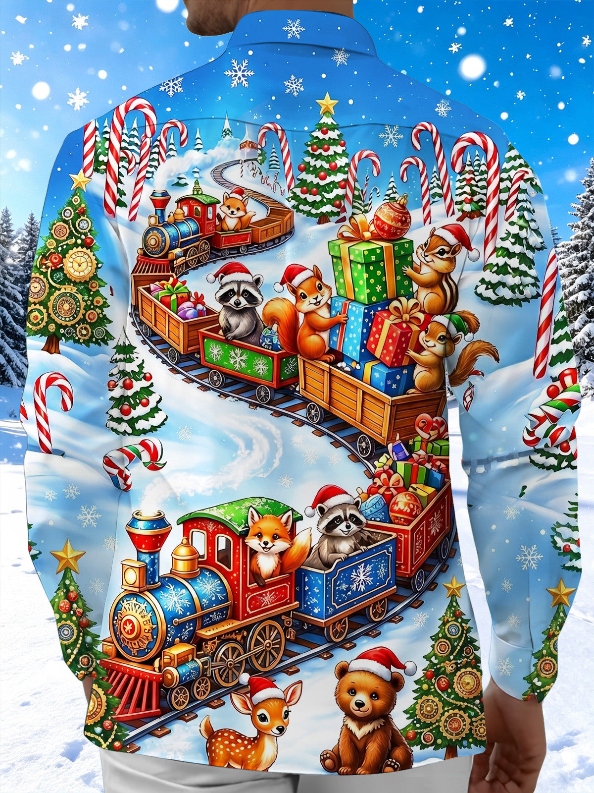 Oceanlyte Men's Christmas Animals On Train With Gifts Print Long Sleeve Shirt with Chest Pocket