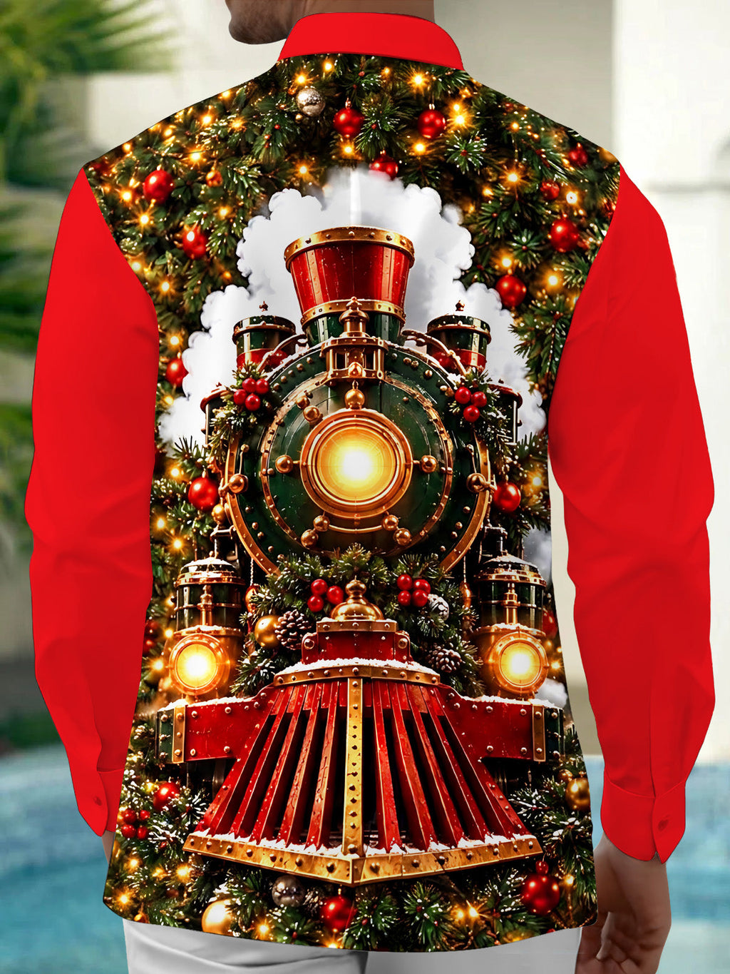 Oceanlyte Men's Long Sleeve Shirt - Vintage Steam Train With Christmas Ornaments And Pine Branches Print with Chest Pocket