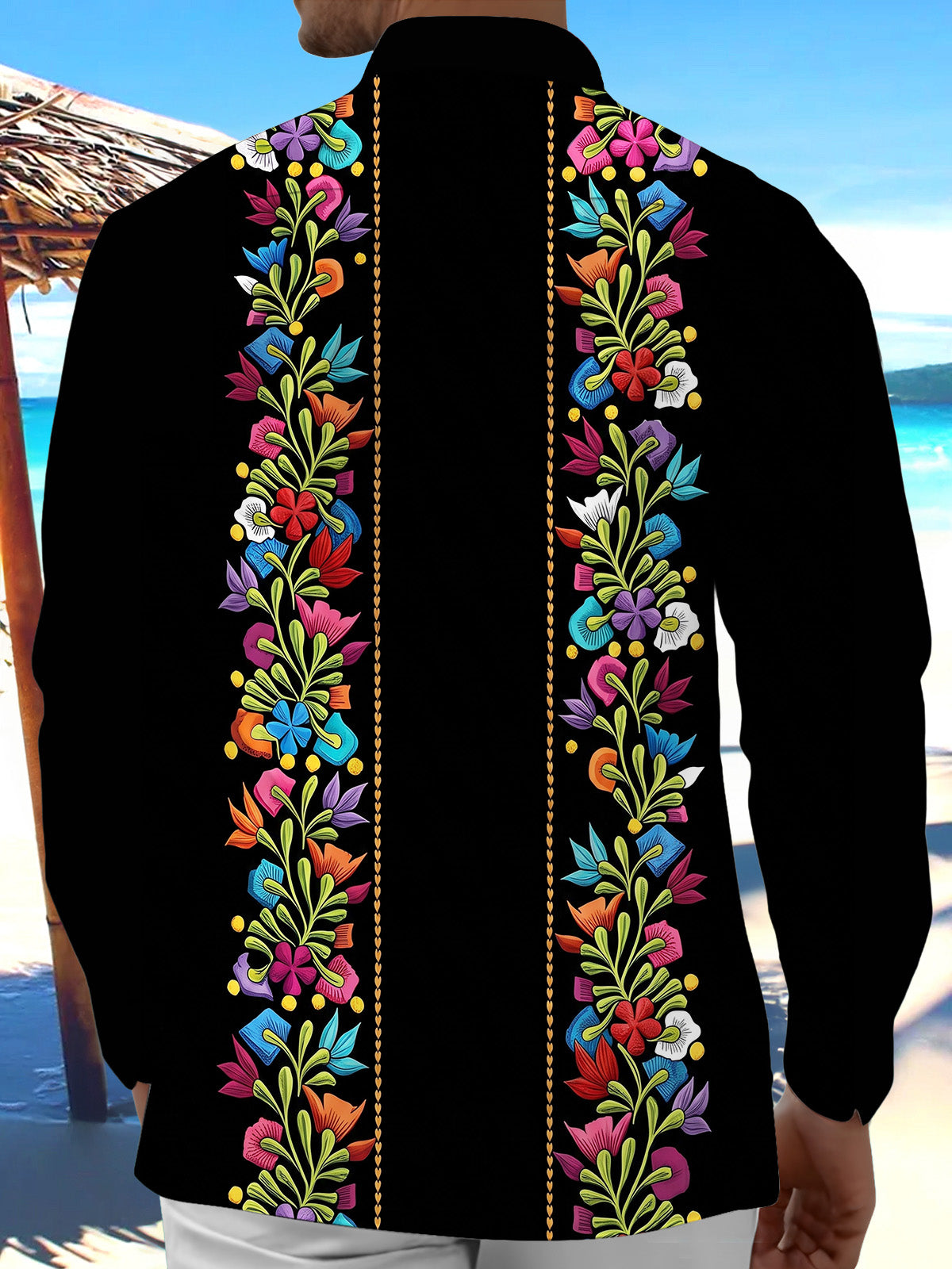 Oceanlyte Men's Floral Colorful Floral Embroidery Print Long Sleeve Shirt with Chest Pocket