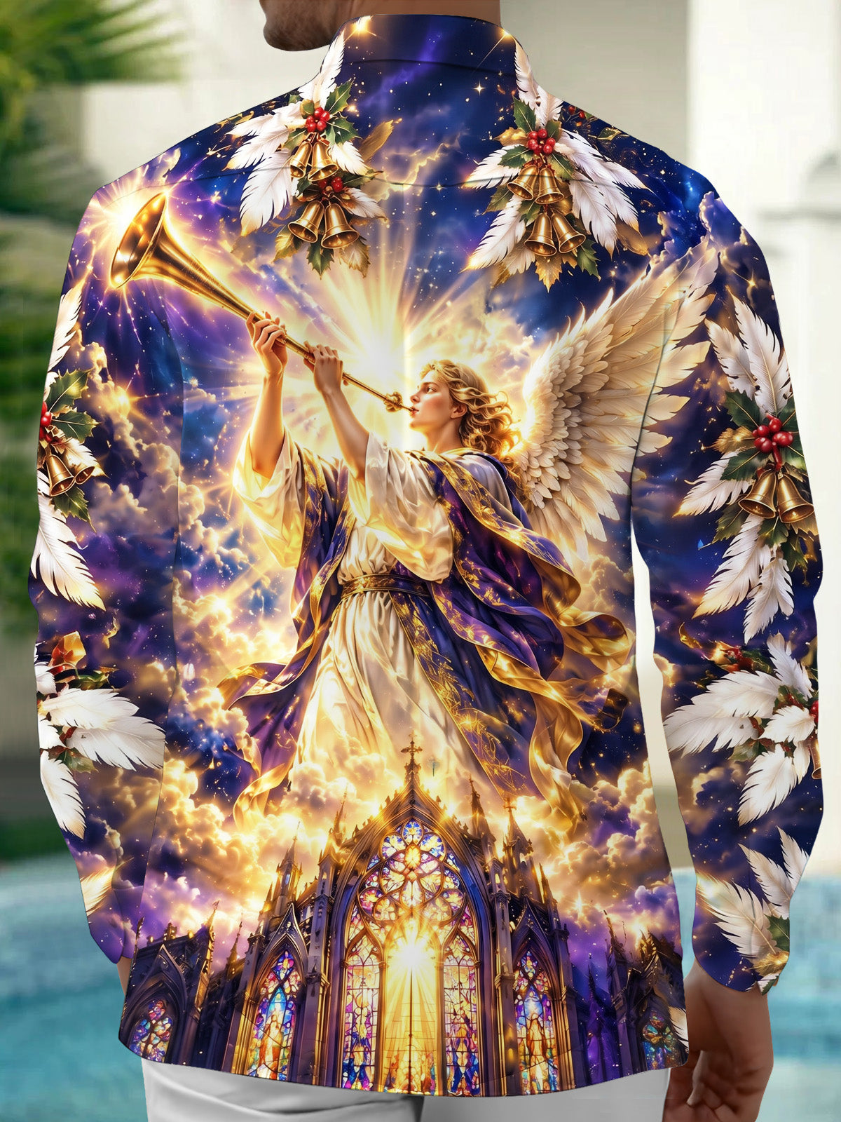 Oceanlyte Men's Long Sleeve Shirt - Christmas Trumpeter Angel And Gothic Cathedral Print with Chest Pocket