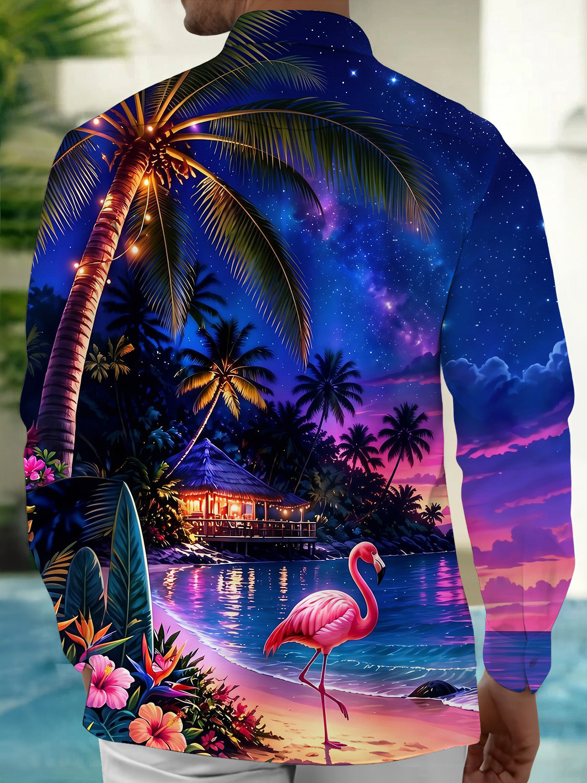Oceanlyte Men's Hawaiian Tropical Beach Sunset Print Long Sleeve Shirt with Chest Pocket