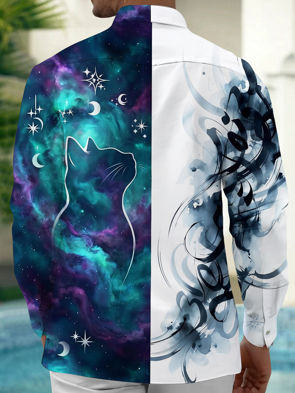 Oceanlyte Men's Graphic Cat Silhouette And Nebula Print Long Sleeve Shirt with Chest Pocket