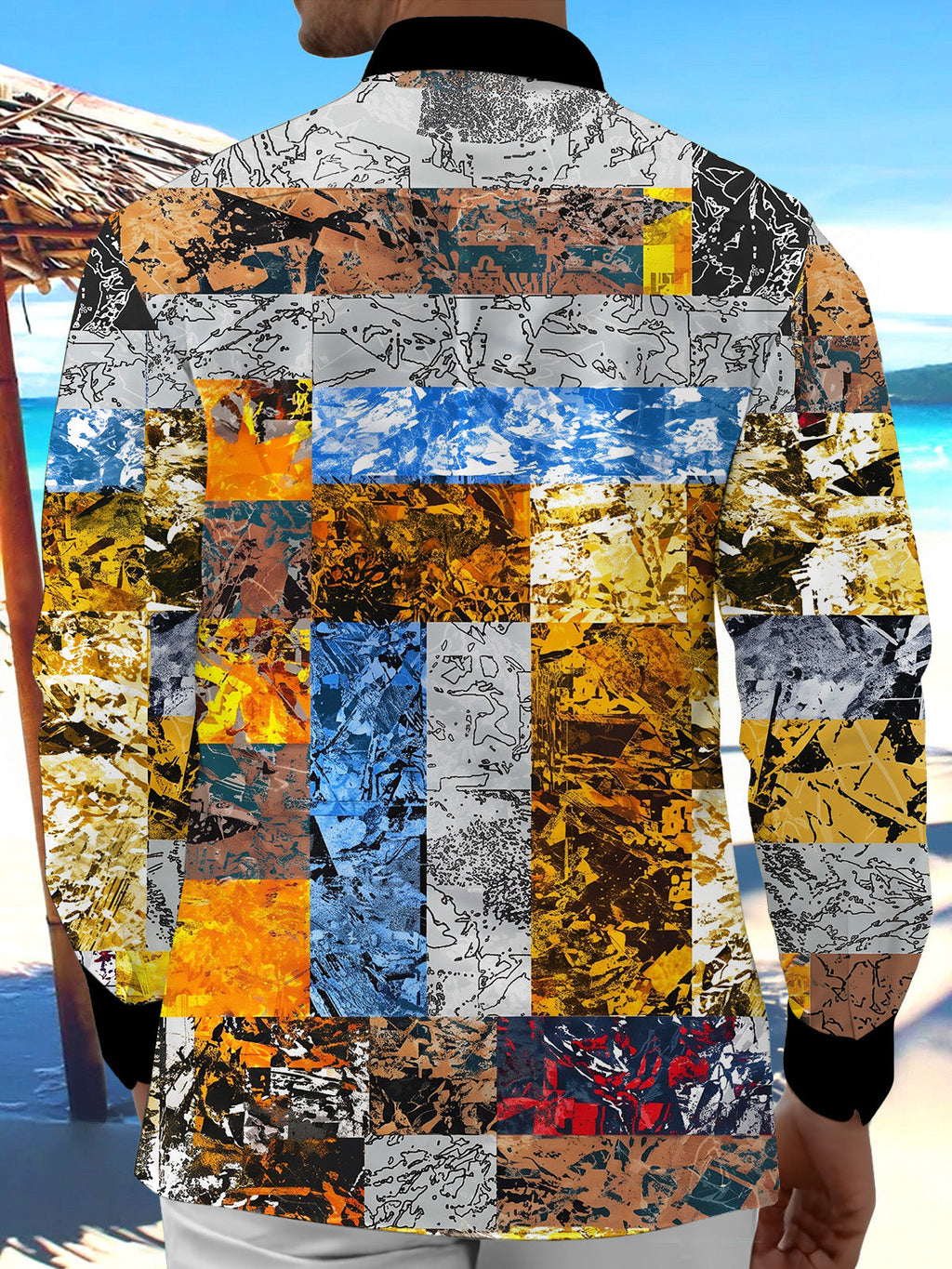 Oceanlyte Men's Vintage Style Abstract Patchwork Print Long Sleeve Shirt with Chest Pocket