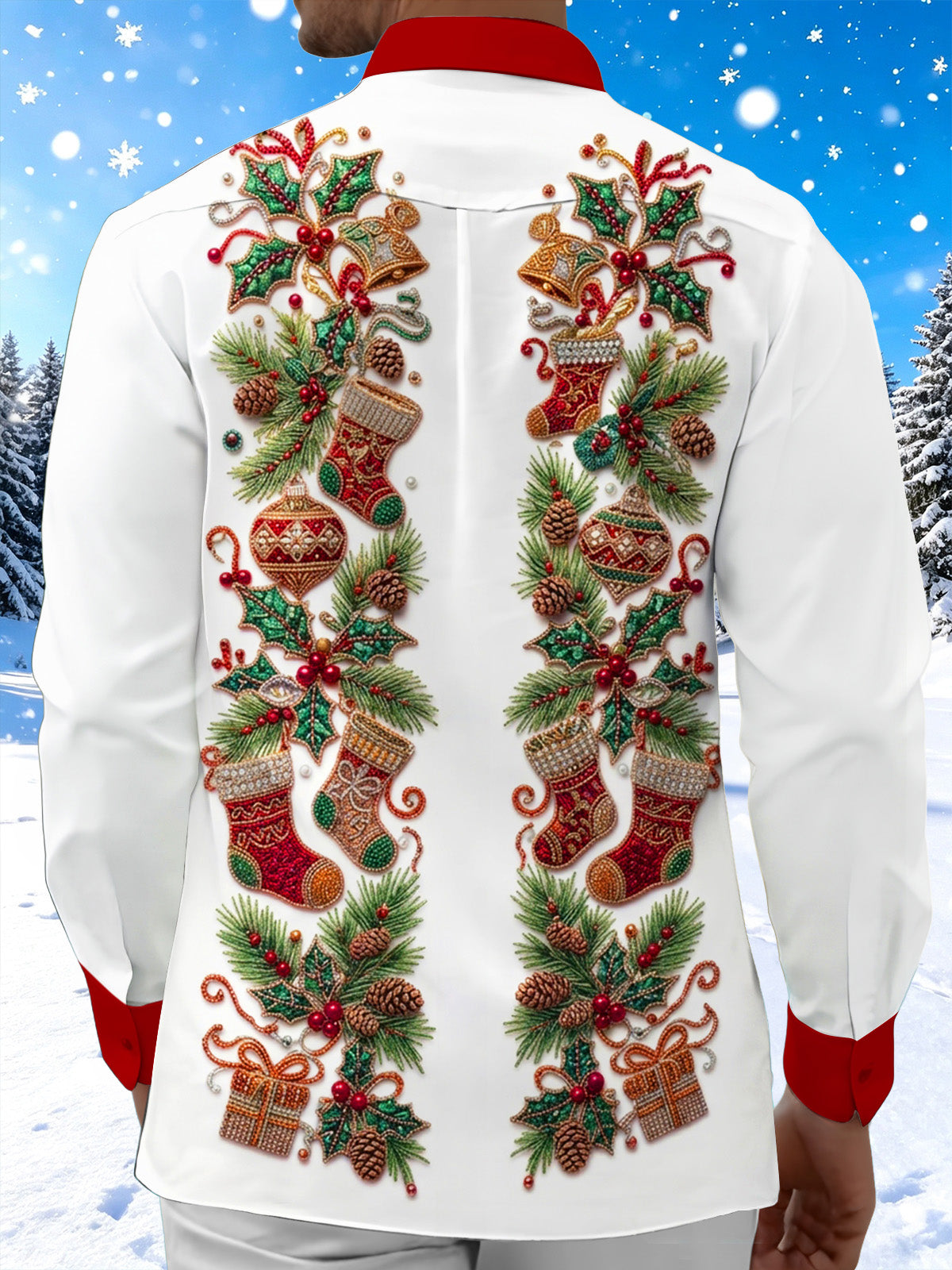 Oceanlyte Men's Christmas Stockings And Ornaments Print Long Sleeve Shirt with Chest Pocket