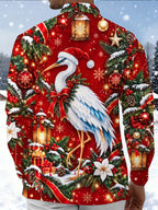 Oceanlyte Men's Hawaiian Christmas Crane And Ornaments Print Long Sleeve Shirt with Chest Pocket