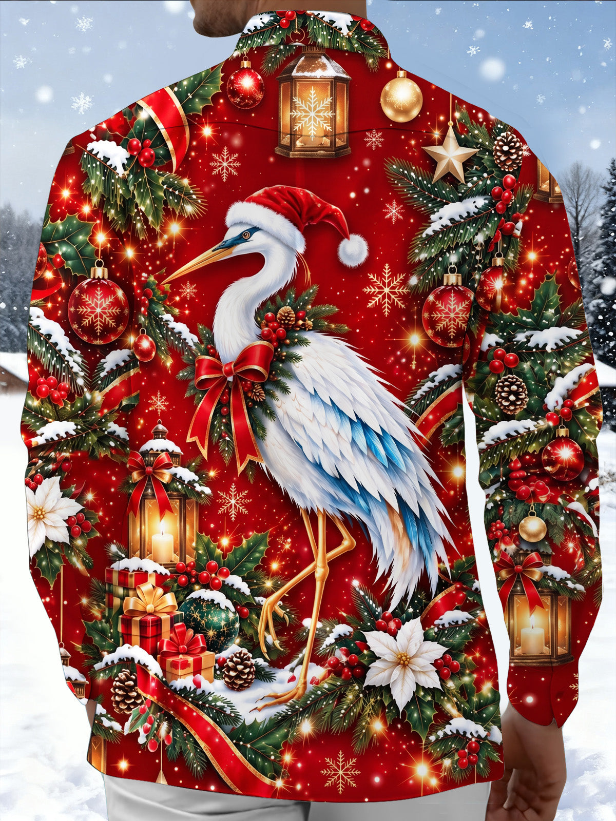 Oceanlyte Men's Hawaiian Christmas Crane And Ornaments Print Long Sleeve Shirt with Chest Pocket