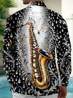 Oceanlyte Men's Graphic Saxophone And Floral Diamond Pattern Long Sleeve Shirt with Chest Pocket
