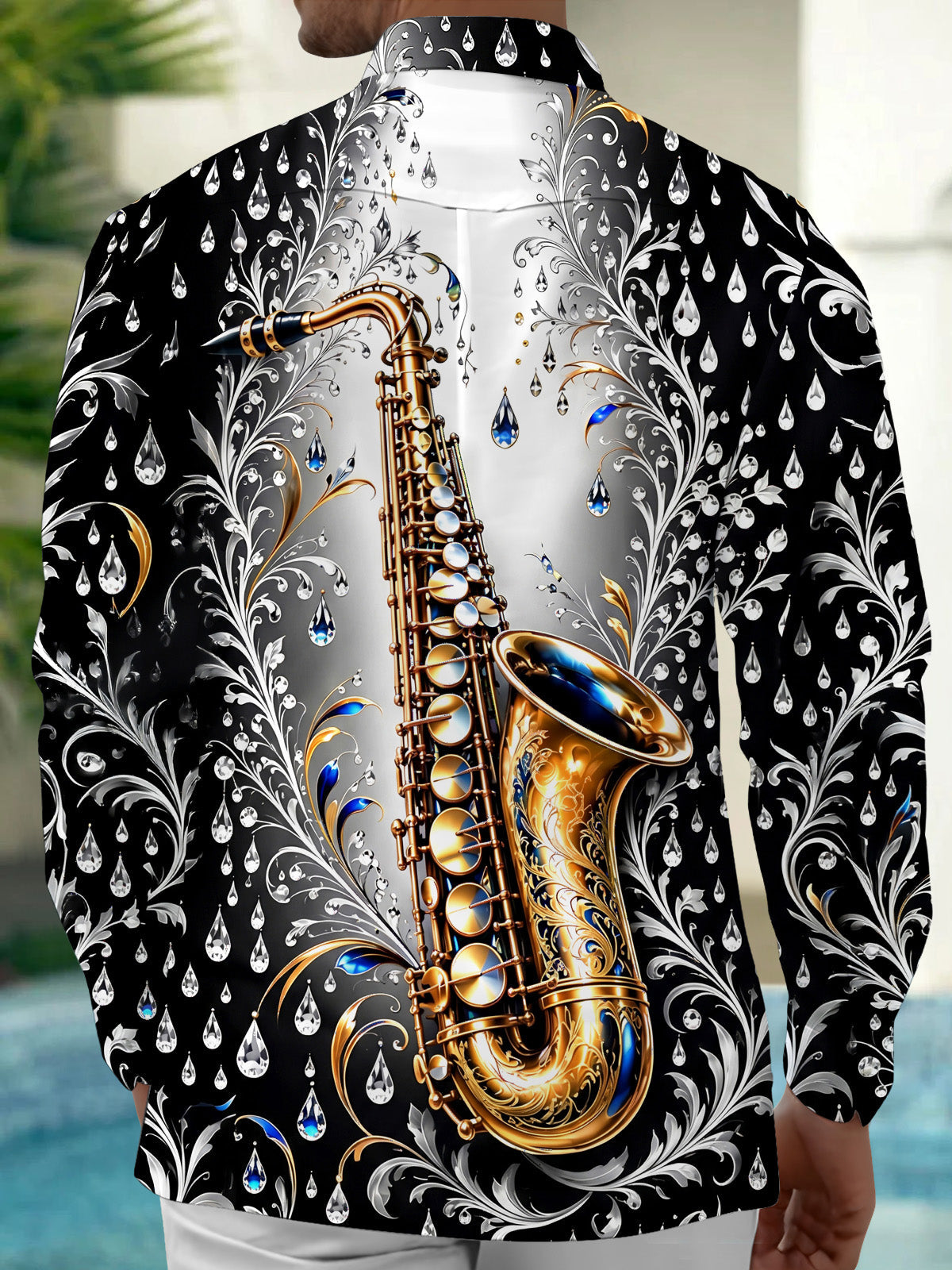 Oceanlyte Men's Graphic Saxophone And Floral Diamond Pattern Long Sleeve Shirt with Chest Pocket