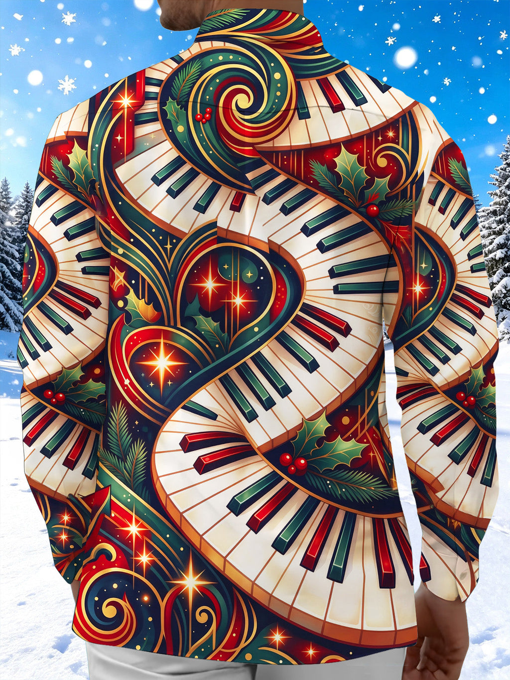 Oceanlyte Men's Long Sleeve Shirt - Christmas Holly And Berries Print Piano Keyboard And Musical Notes Print with Chest Pocket