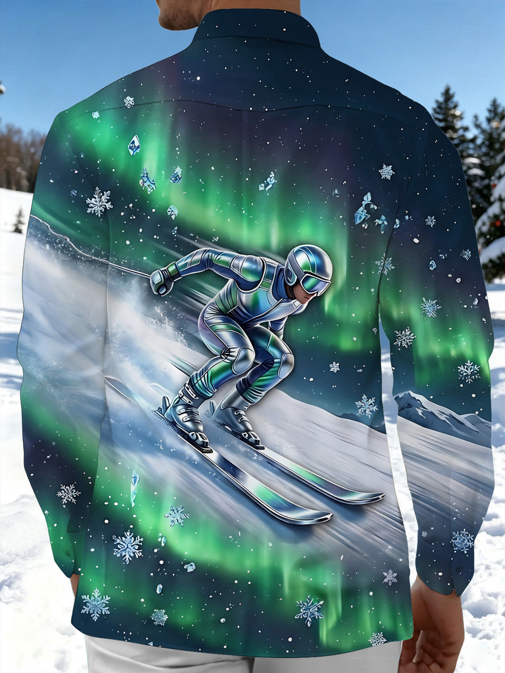Oceanlyte Men's Skiing Person And Snowflakes Print Long Sleeve Shirt with Chest Pocket