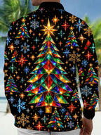 Oceanlyte Men's Geometric Christmas Trees And Snowflakes Print Long Sleeve Shirt with Chest Pocket
