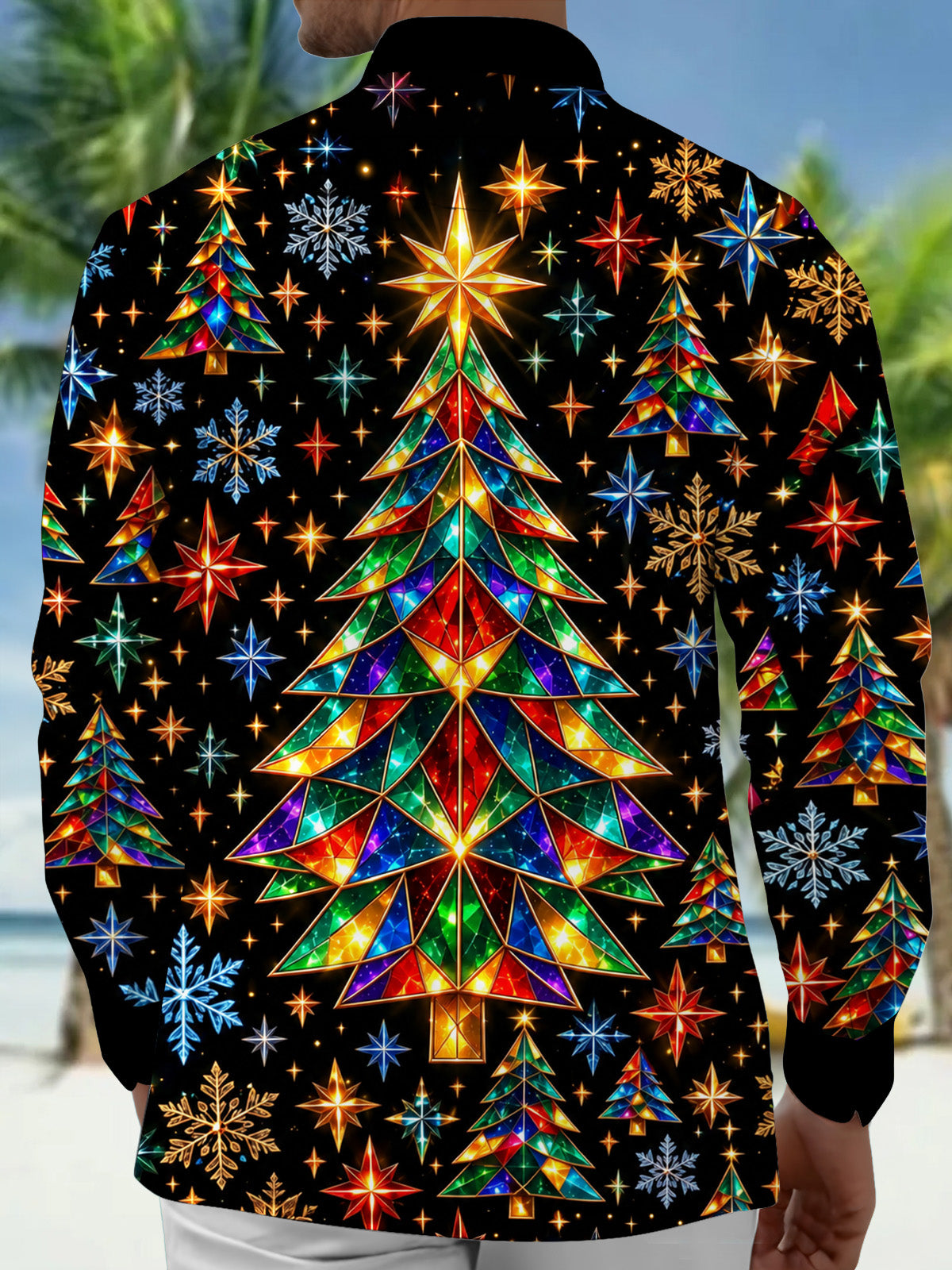 Oceanlyte Men's Geometric Christmas Trees And Snowflakes Print Long Sleeve Shirt with Chest Pocket