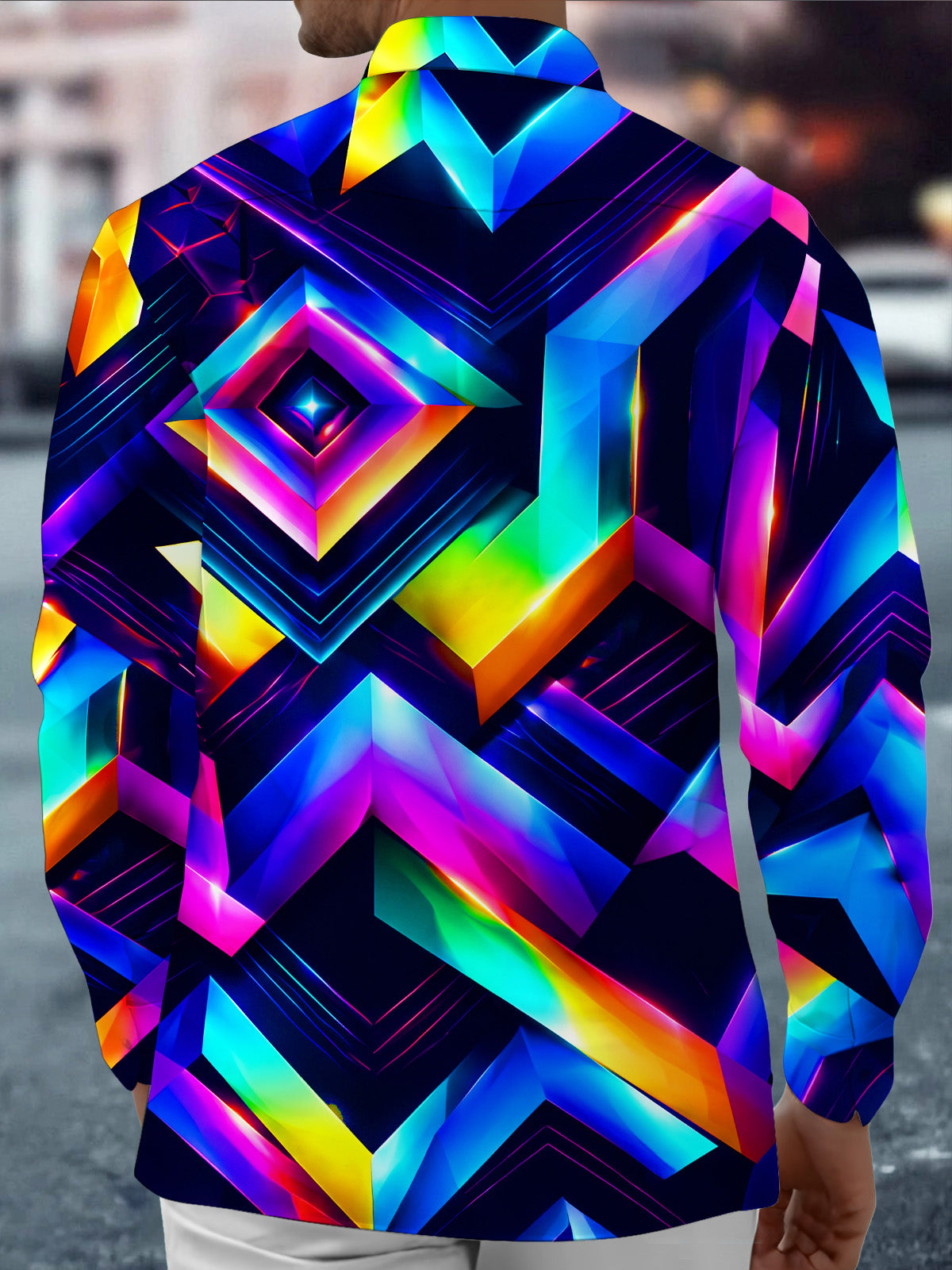 Oceanlyte Men's Graphic Neon 3D Geometric Diamond Pattern Long Sleeve Shirt with Chest Pocket