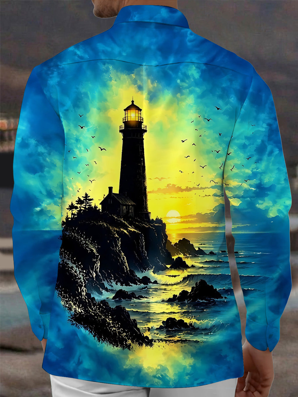 Oceanlyte Men's Hawaiian Lighthouse And Ocean Sunset Print Long Sleeve Shirt with Chest Pocket