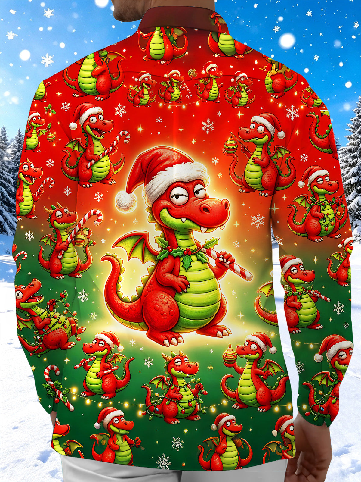 Oceanlyte Men's Long Sleeve Shirt - Cartoon Dragon With Santa Hat And Christmas Ornaments Print with Chest Pocket