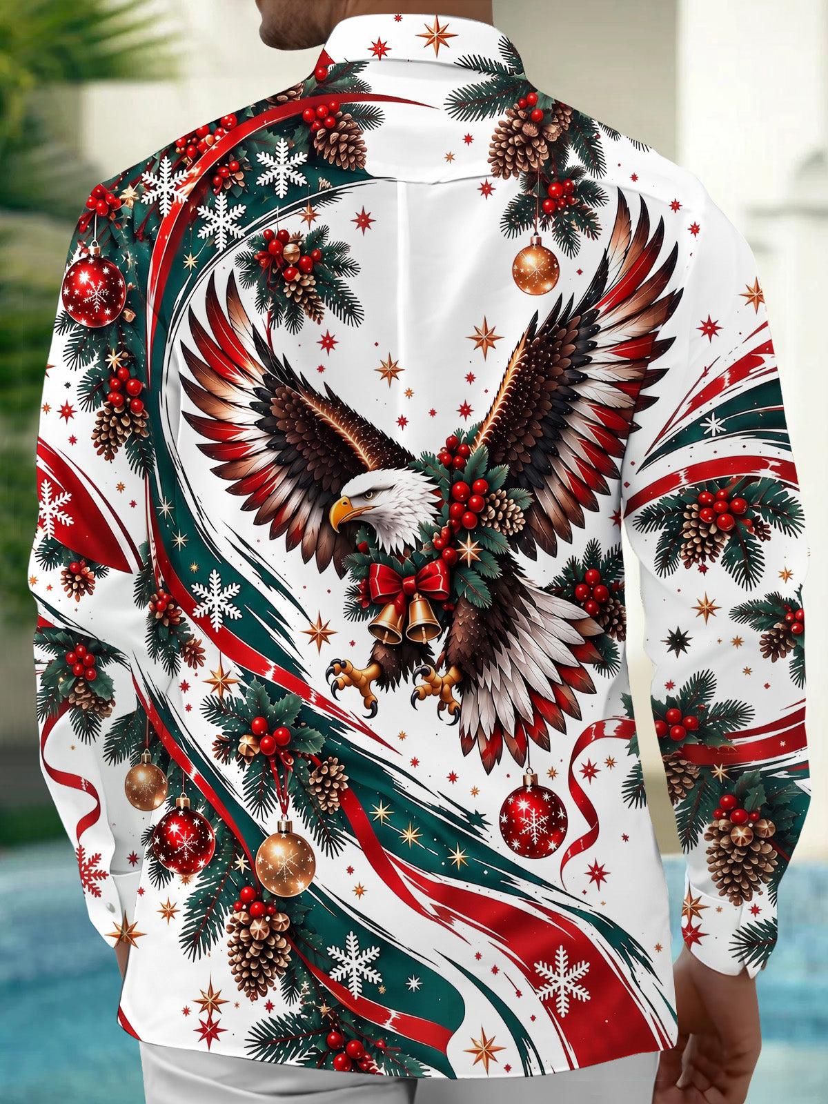 Oceanlyte Men's Printed Christmas Eagle Print Long Sleeve Shirt with Chest Pocket