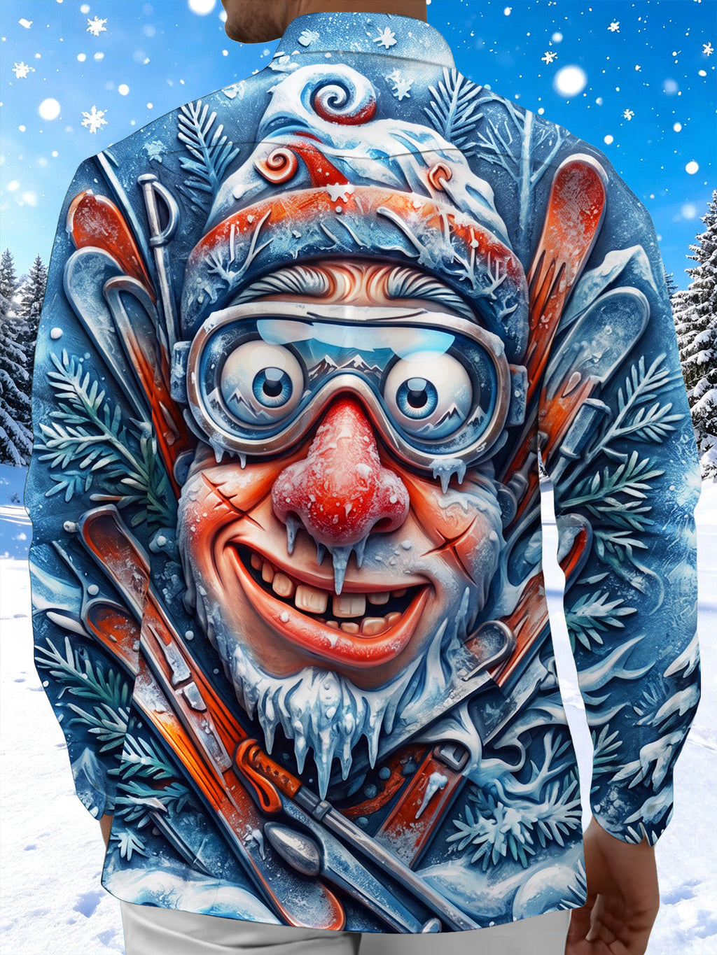 Oceanlyte Men's Long Sleeve Shirt - Funny Cartoon Santa Claus With Ski Goggles And Skis Print with Chest Pocket