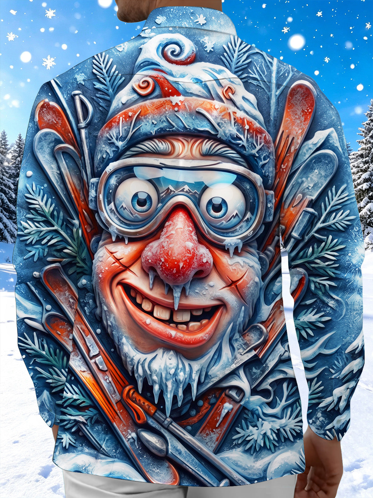 Oceanlyte Men's Long Sleeve Shirt - Funny Cartoon Santa Claus With Ski Goggles And Skis Print with Chest Pocket