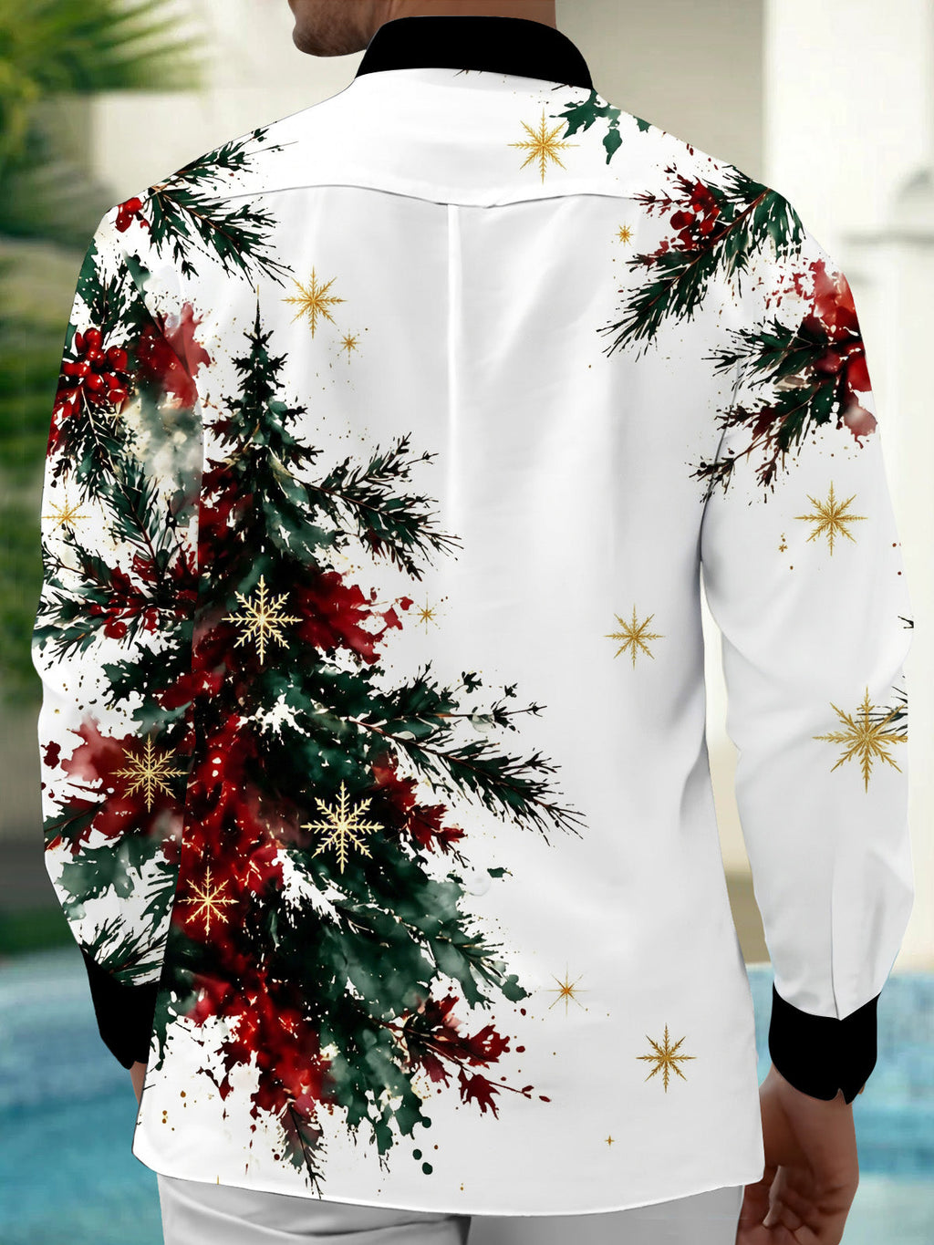 Oceanlyte Men's Watercolor Christmas Tree And Snowflakes Print Long Sleeve Shirt with Chest Pocket