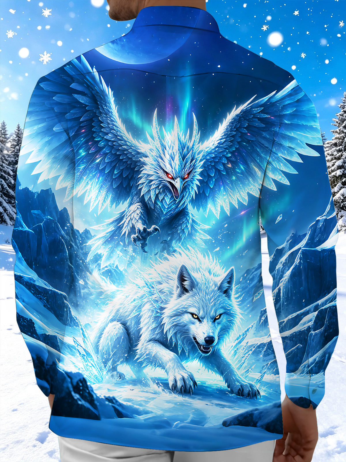 Oceanlyte Men's Graphic Ice Eagle Print Snow Wolf Print Long Sleeve Shirt with Chest Pocket