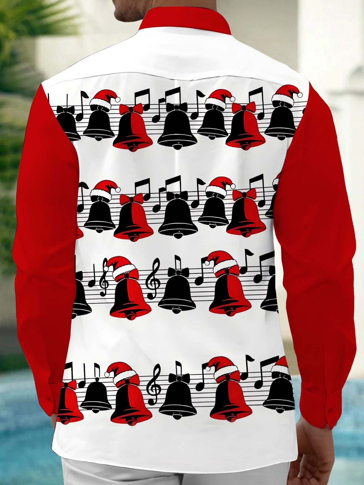 Oceanlyte Men's Long Sleeve Shirt - Christmas Bells And Musical Notes With Santa Hats Print with Chest Pocket
