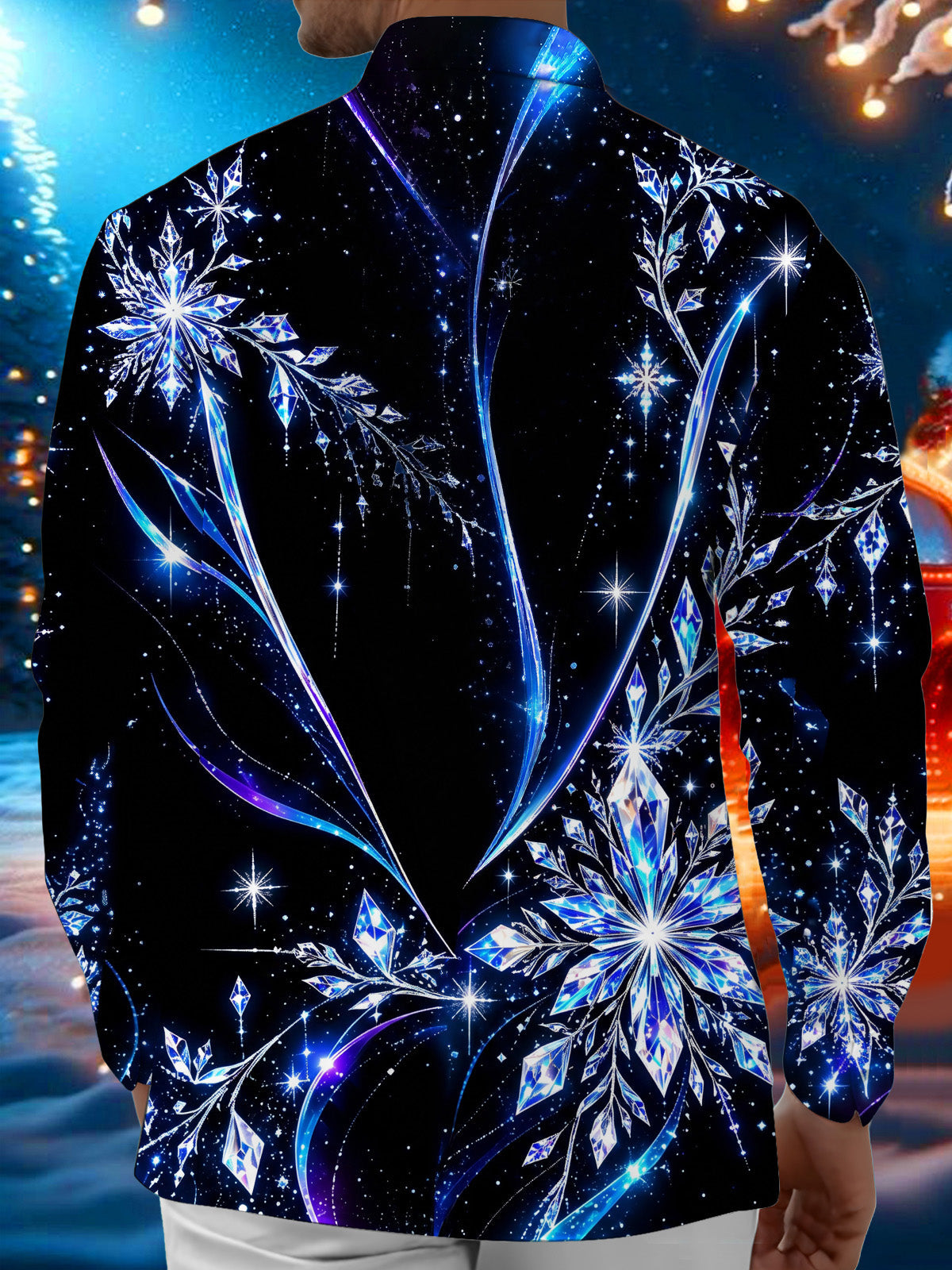 Oceanlyte Men's Long Sleeve Shirt - Crystal Snowflakes And Geometric Ice Patterns Print with Chest Pocket